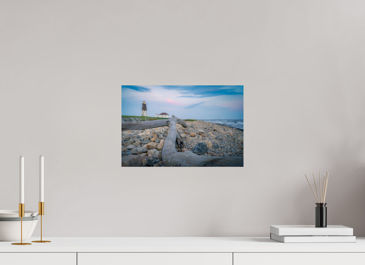 15 x 10″, Premium Photo Print on Fujiflex High Gloss Paper Driftwood at Pt. Judith Lighthouse