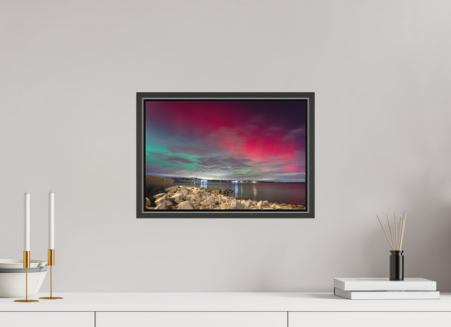 15 x 10″, Matte Canvas Print with Black Wood Floater Frame The Aurora Borealis over Narragansett Beach