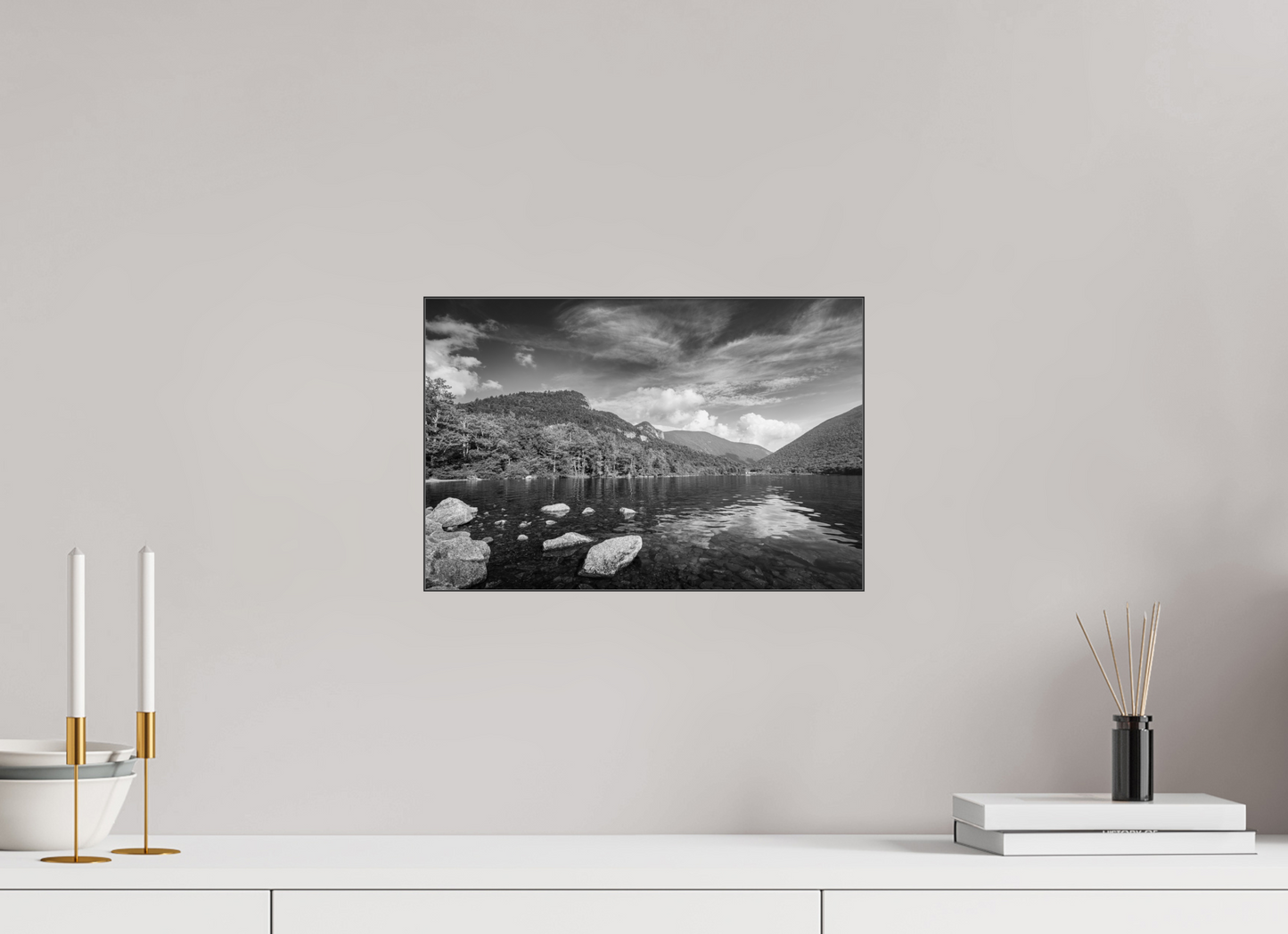 15 x 10″, Photo Print under Acrylic Glass with Black Slimline Case Overlooking Echo Lake