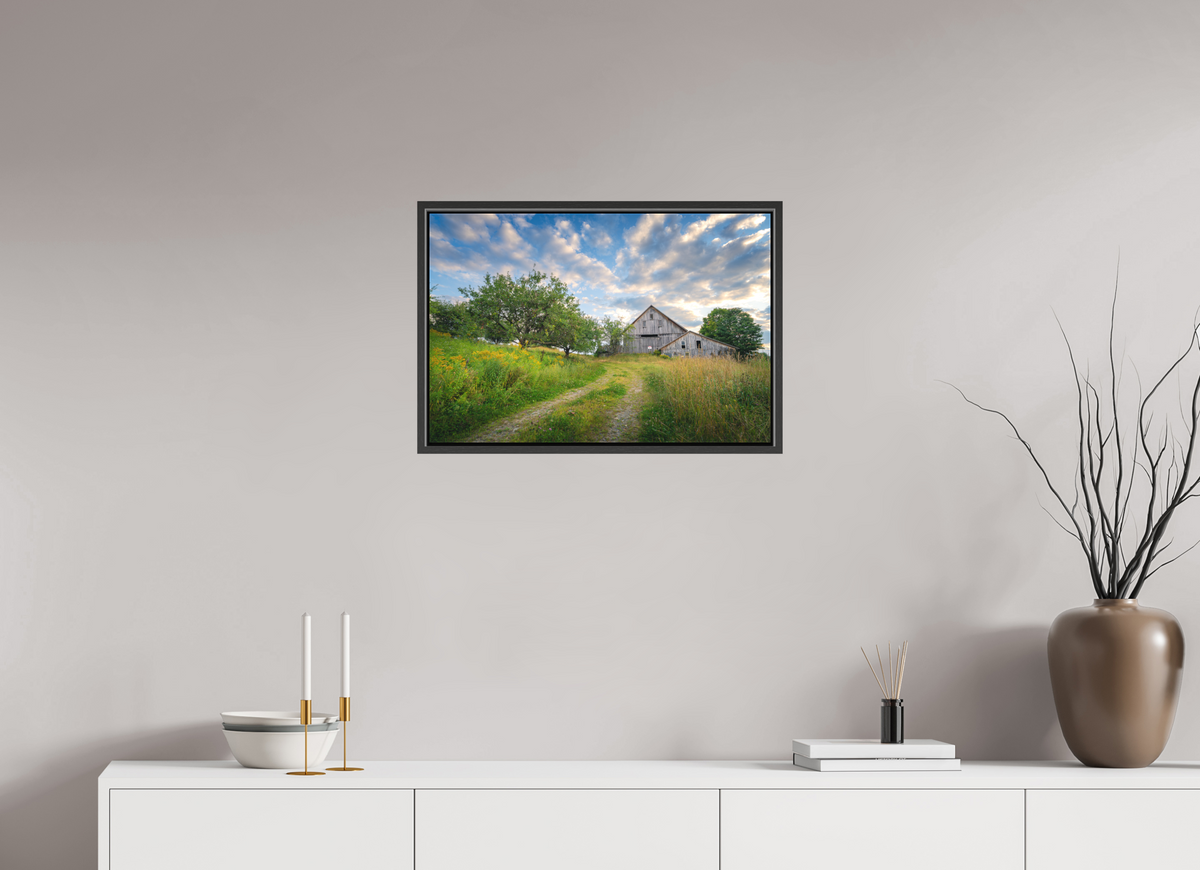24 x 16″, Matte Canvas Print with Black Wood Floater Frame Countryside Barn