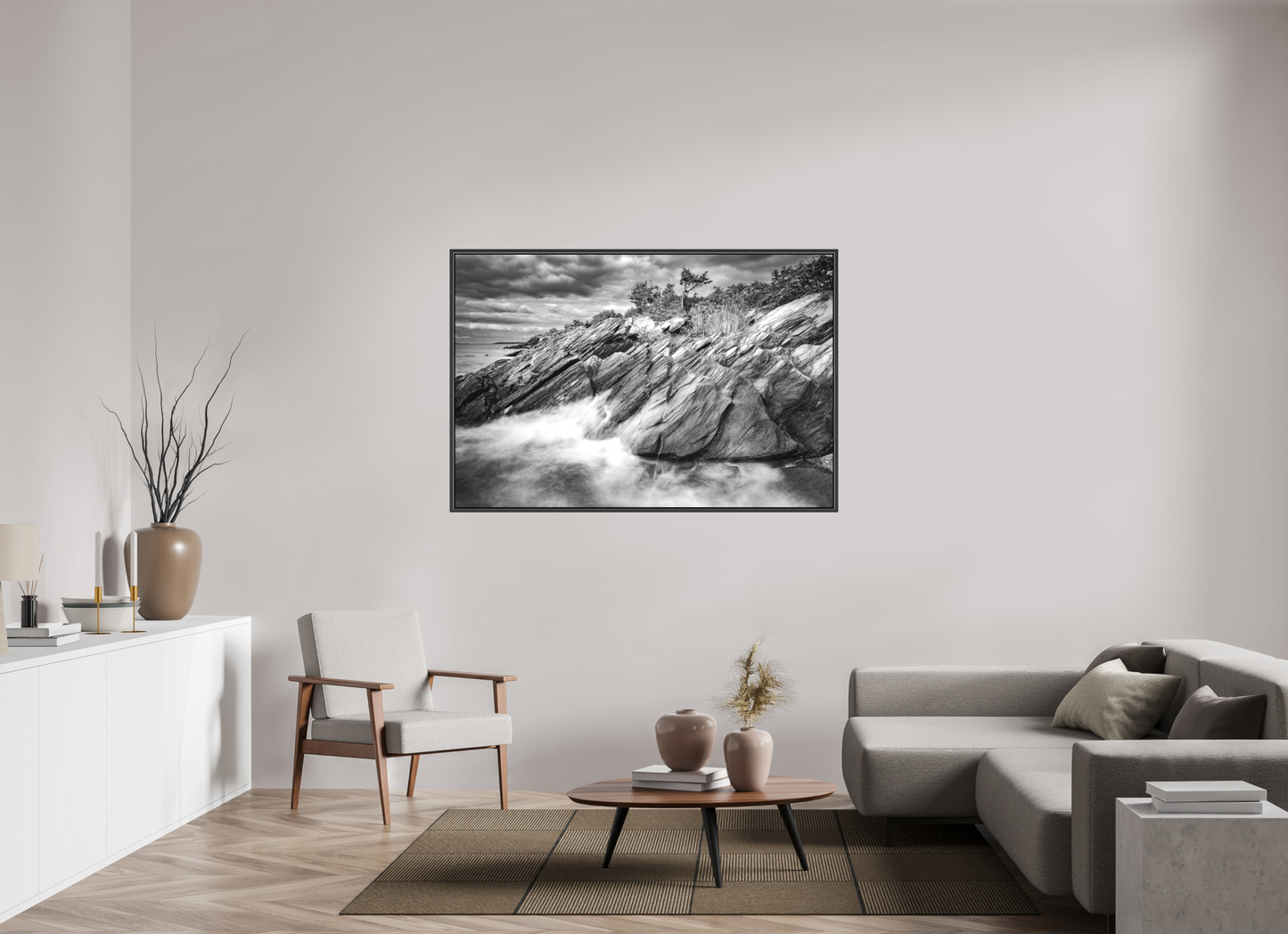 60 x 40″, Matte Canvas Print with Black Wood Floater Frame Rough Seas Against Beavertail Cliffs