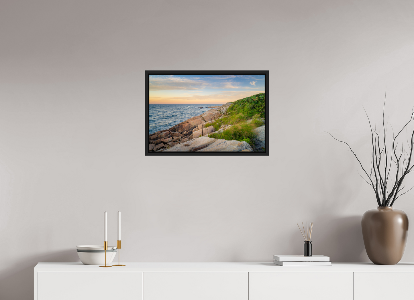 24 x 16″, Photo Print under Acrylic Glass with Black Wood Floater Frame Black Point before Sunset