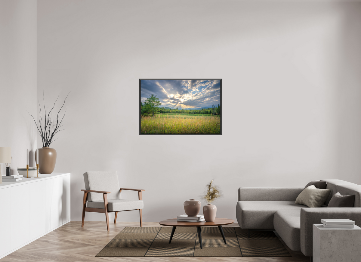 45 x 30″, Matte Canvas Print with Black Wood Floater Frame Mountain Sun Rays