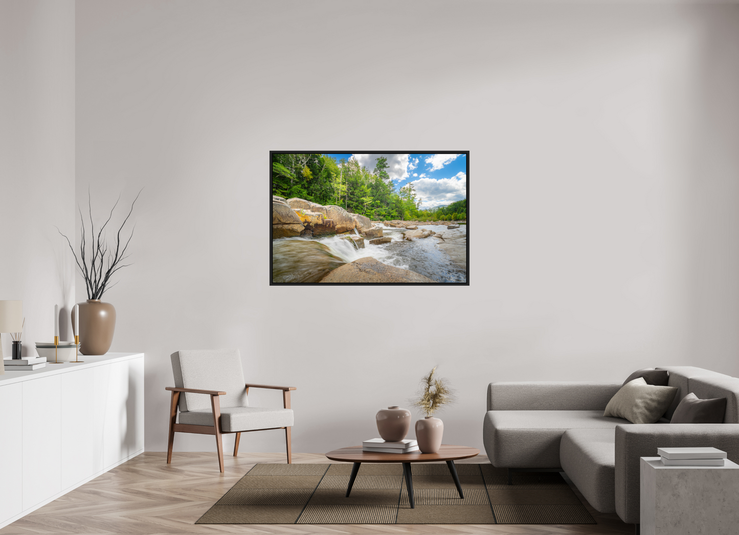 54 x 36″, ChromaLuxe HD Metal Print with Black Wood Floater Frame Over the Falls