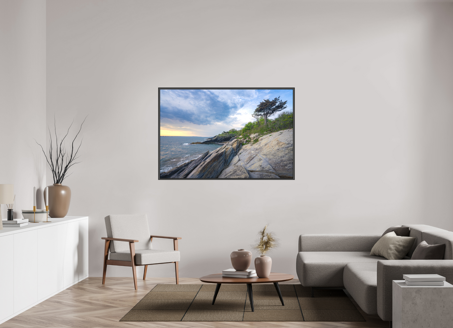 60 x 40″, Matte Canvas Print with Black Wood Floater Frame Rain in the Distance at Beavertail