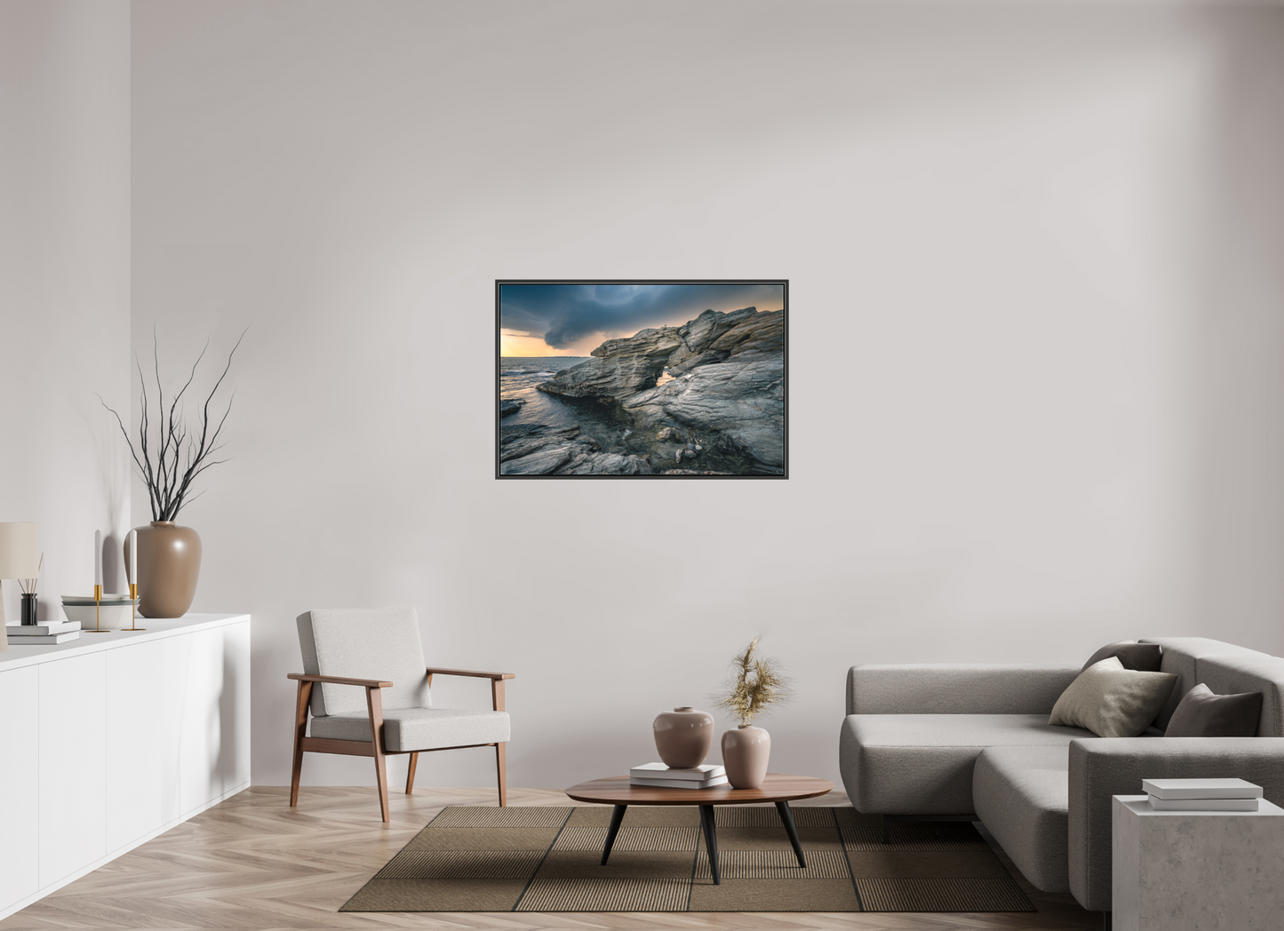 45 x 30″, Matte Canvas Print with Black Wood Floater Frame Thunderstorm Over Beavertail Arch