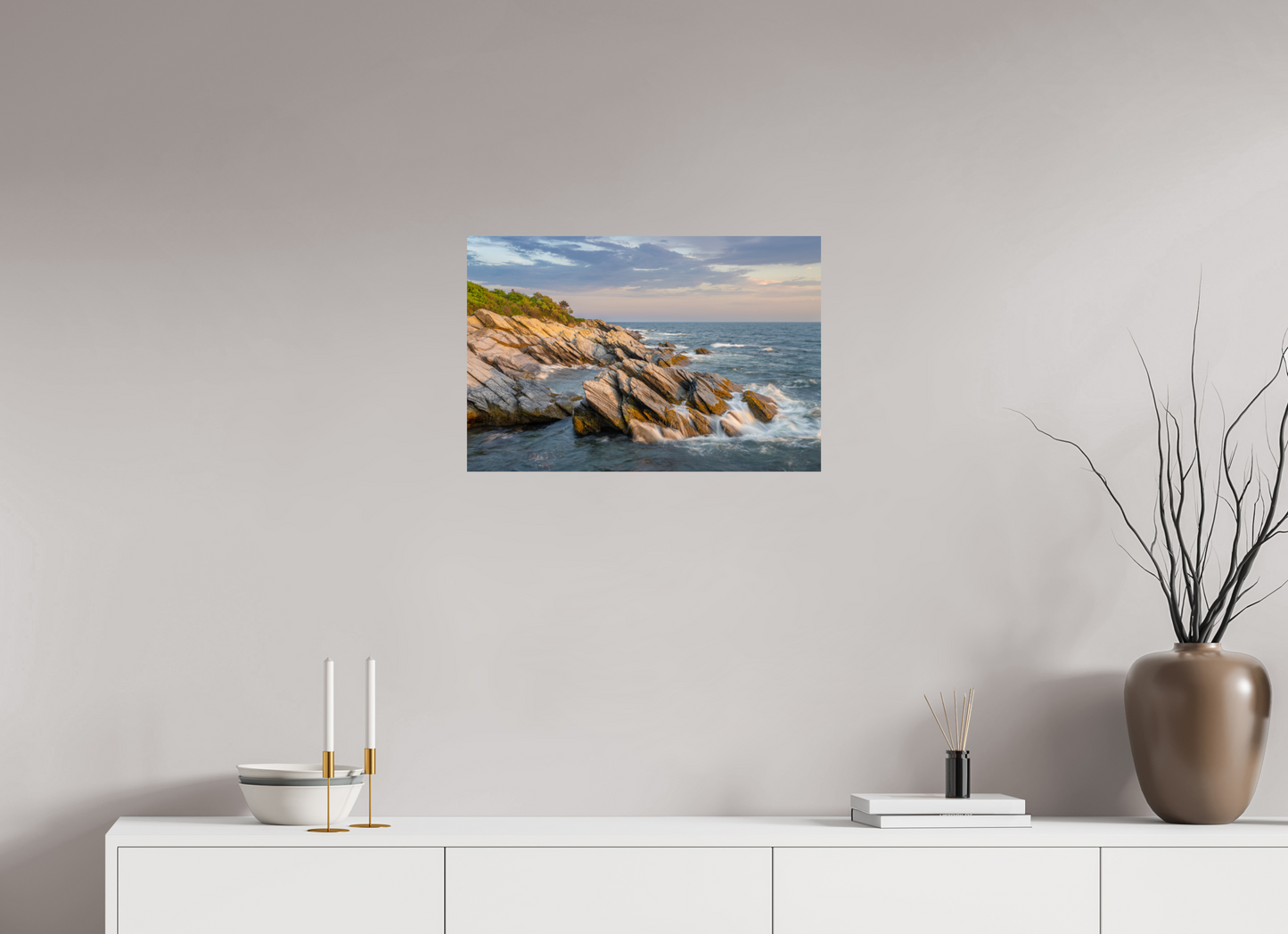 24 x 16″, Premium Metallic Photo Print on Fuji Crystal Pearl Paper Beavertail Cliffs Approaching Sunset