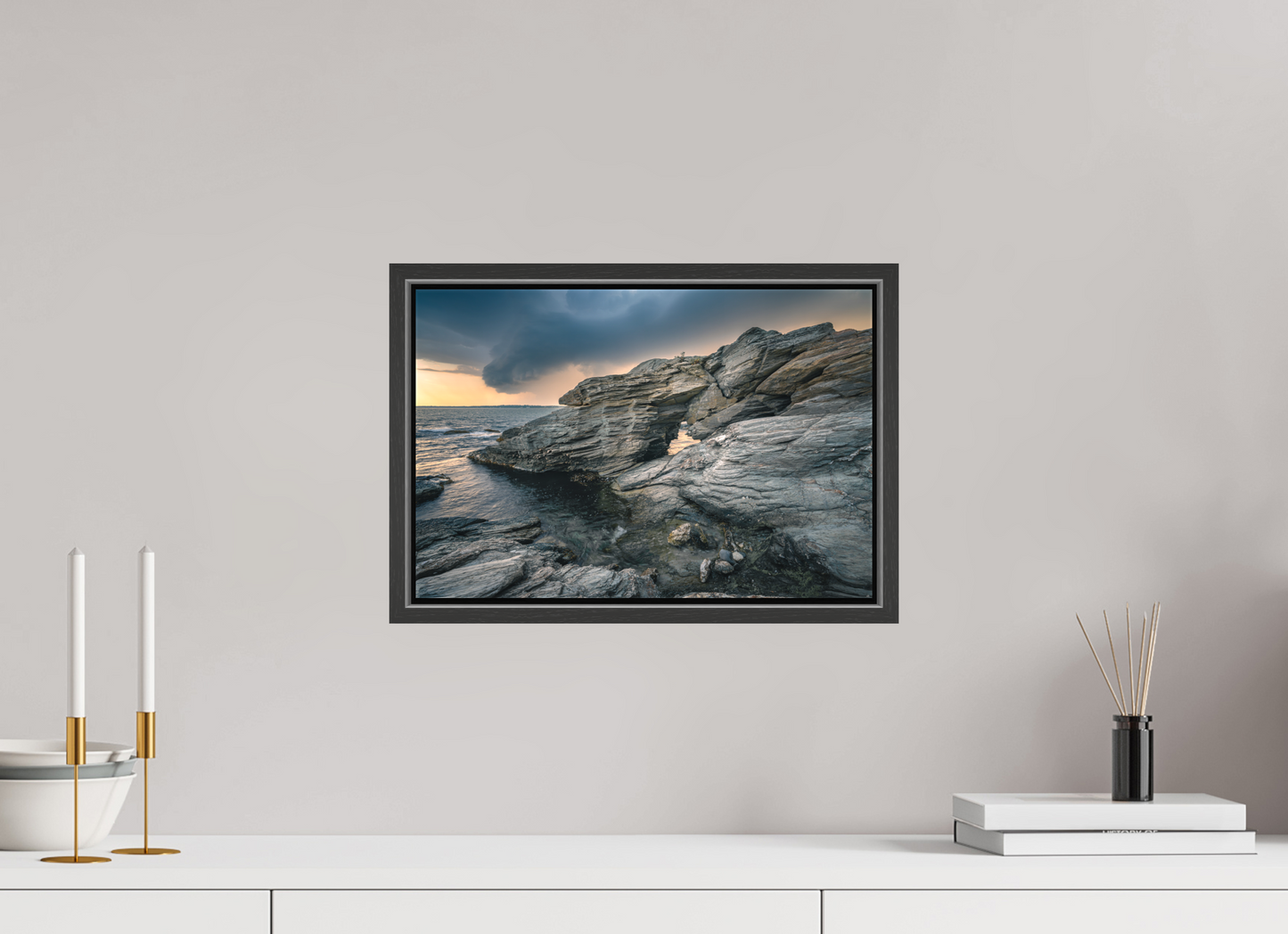 15 x 10″, Matte Canvas Print with Black Wood Floater Frame Thunderstorm Over Beavertail Arch