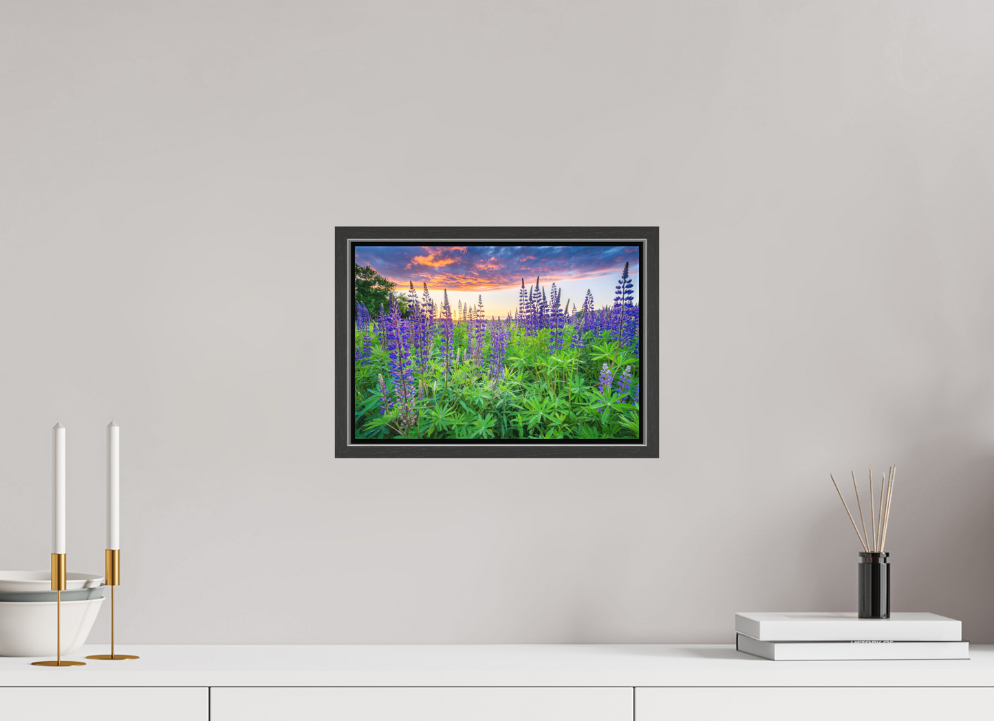 12 x 8″, Matte Canvas Print with Black Wood Floater Frame Lupine Sunset