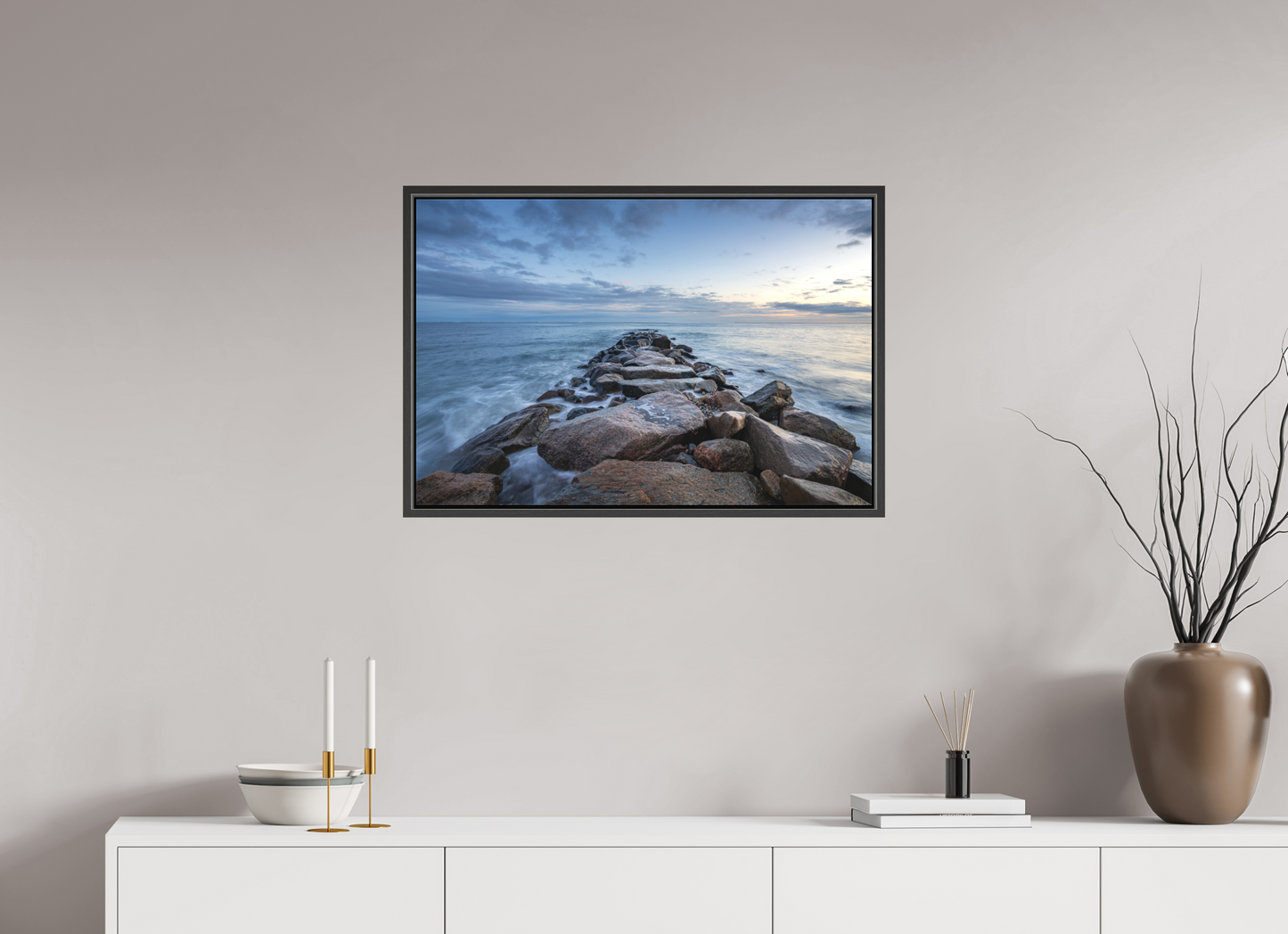 30 x 20″, Matte Canvas Print with Black Wood Floater Frame Roger Wheeler State Beach at Blue Hour