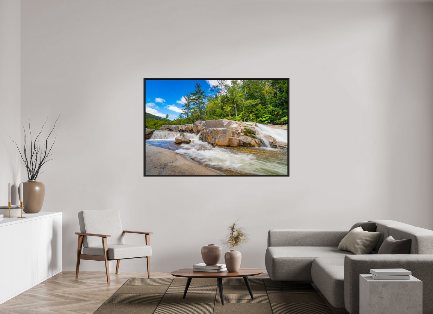 66 x 44″, ChromaLuxe HD Metal Print with Black Wood Floater Frame Kancamagus Waterfall