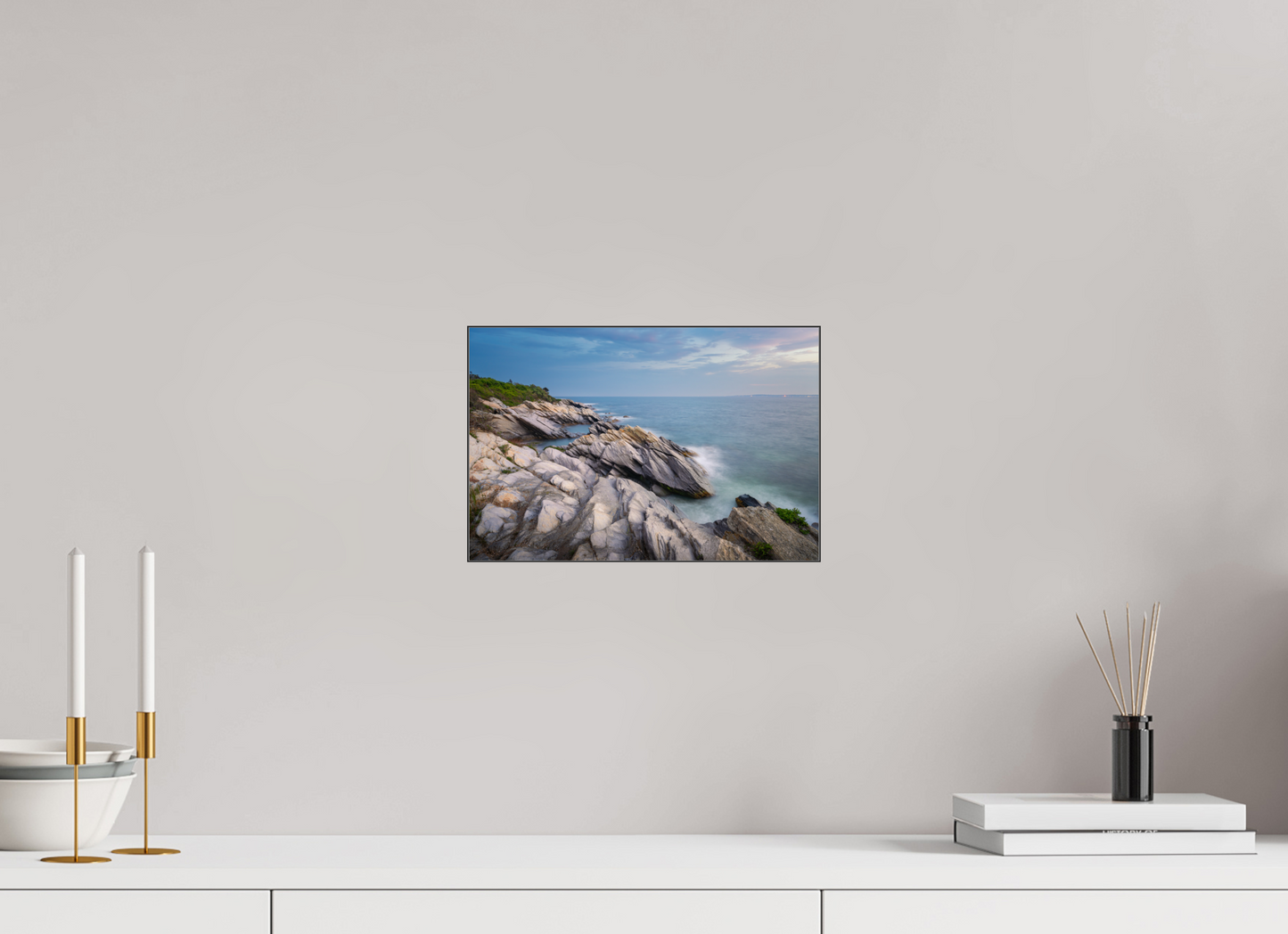 12 x 8″, Premium Photo Print under Acrylic Glass with Black Slimline Case Blue Hour at Beavertail