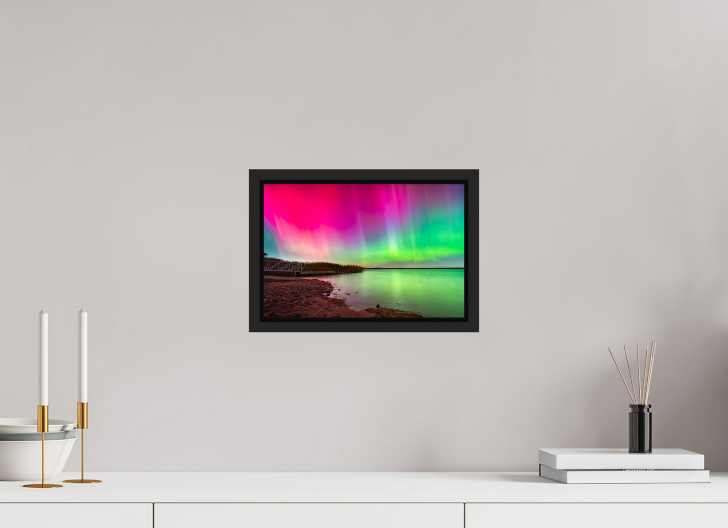 12 x 8″, Photo Print under Acrylic Glass with Black Wood Floater Frame Aurora Borealis Over Wordens Pond