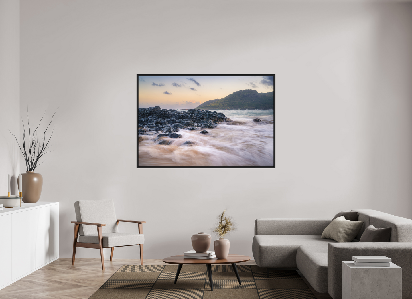 66 x 44″, ChromaLuxe HD Metal Print with Black Wood Floater Frame Lihue Sunset
