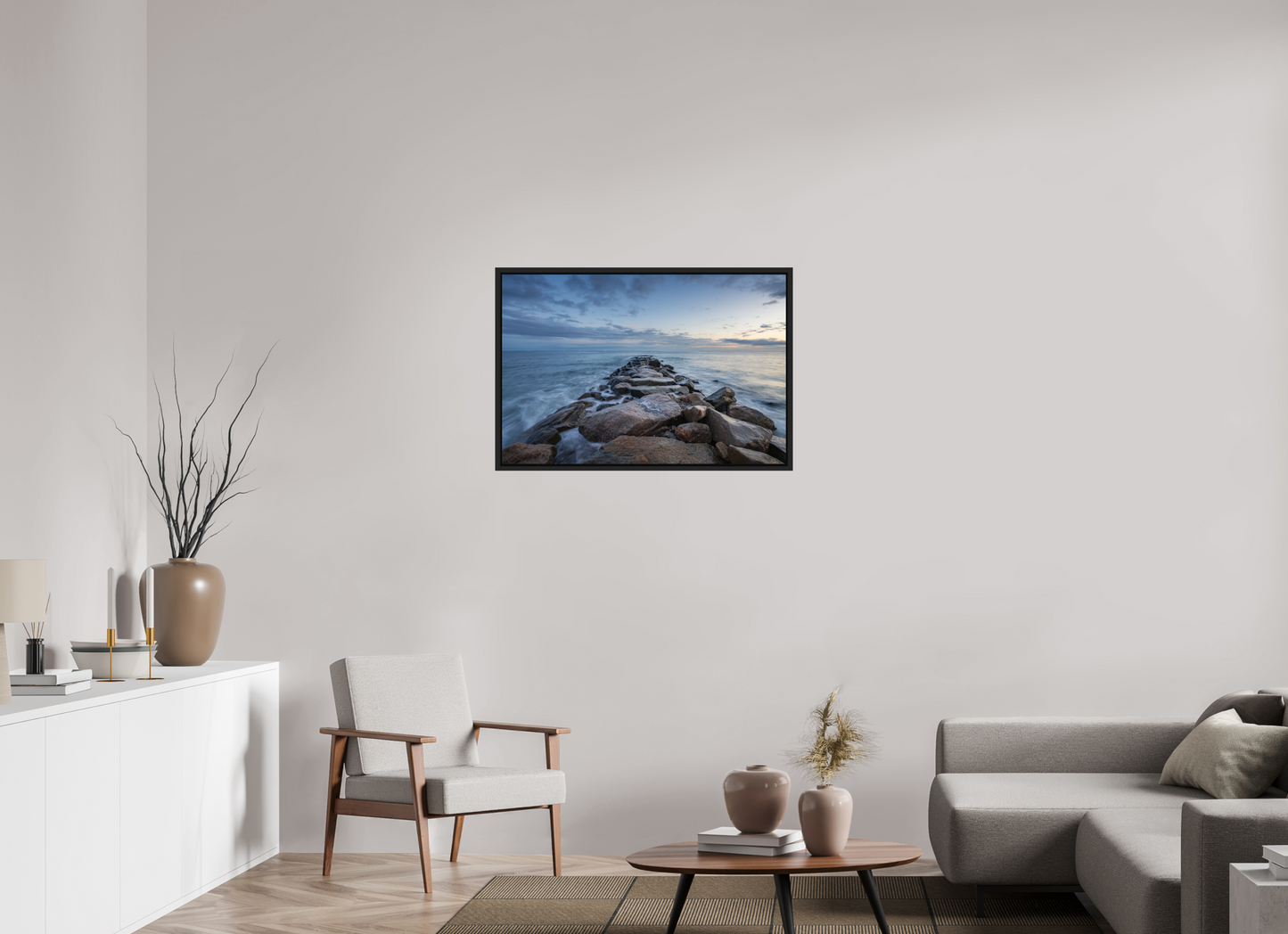 36 x 24″, Photo Print under Acrylic Glass with Black Wood Floater Frame Roger Wheeler State Beach at Blue Hour