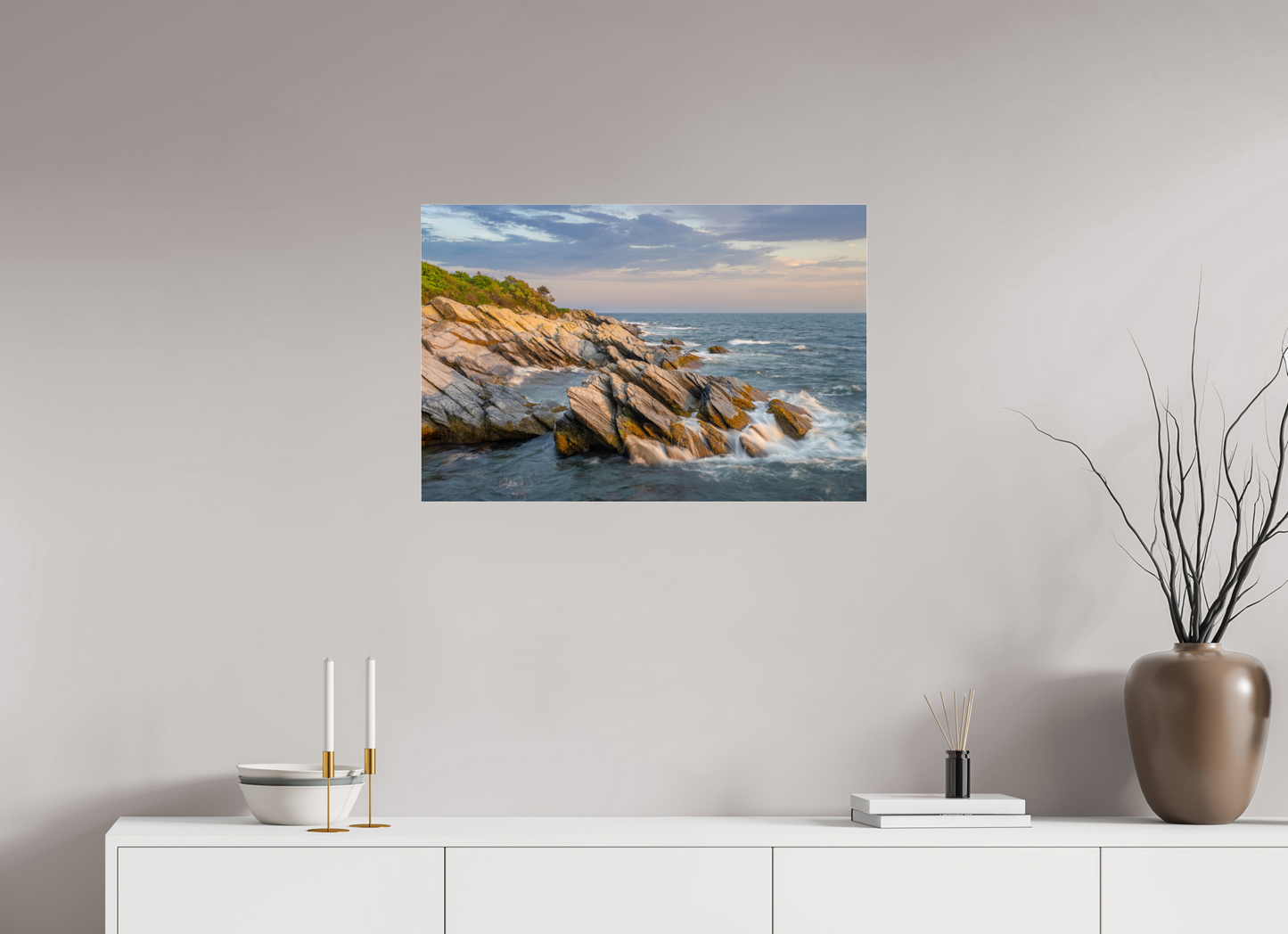 30 x 20″, Premium Photo Print under Acrylic Glass Beavertail Cliffs Approaching Sunset