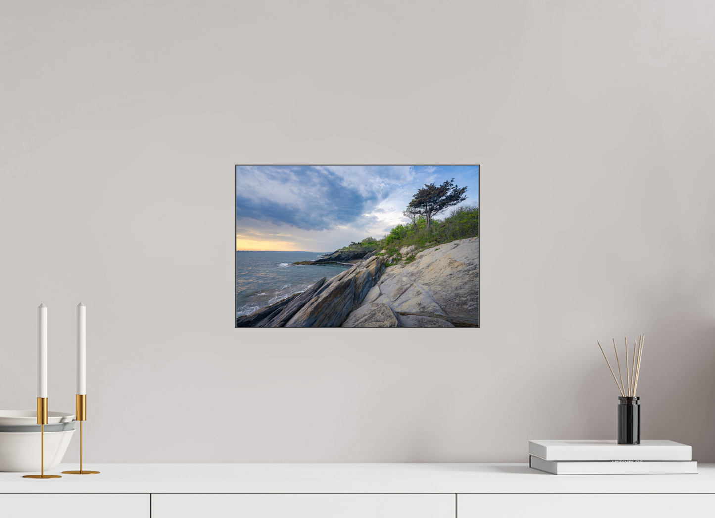 15 x 10″, Premium Photo Print under Acrylic Glass with Black Slimline Case Rain in the Distance at Beavertail