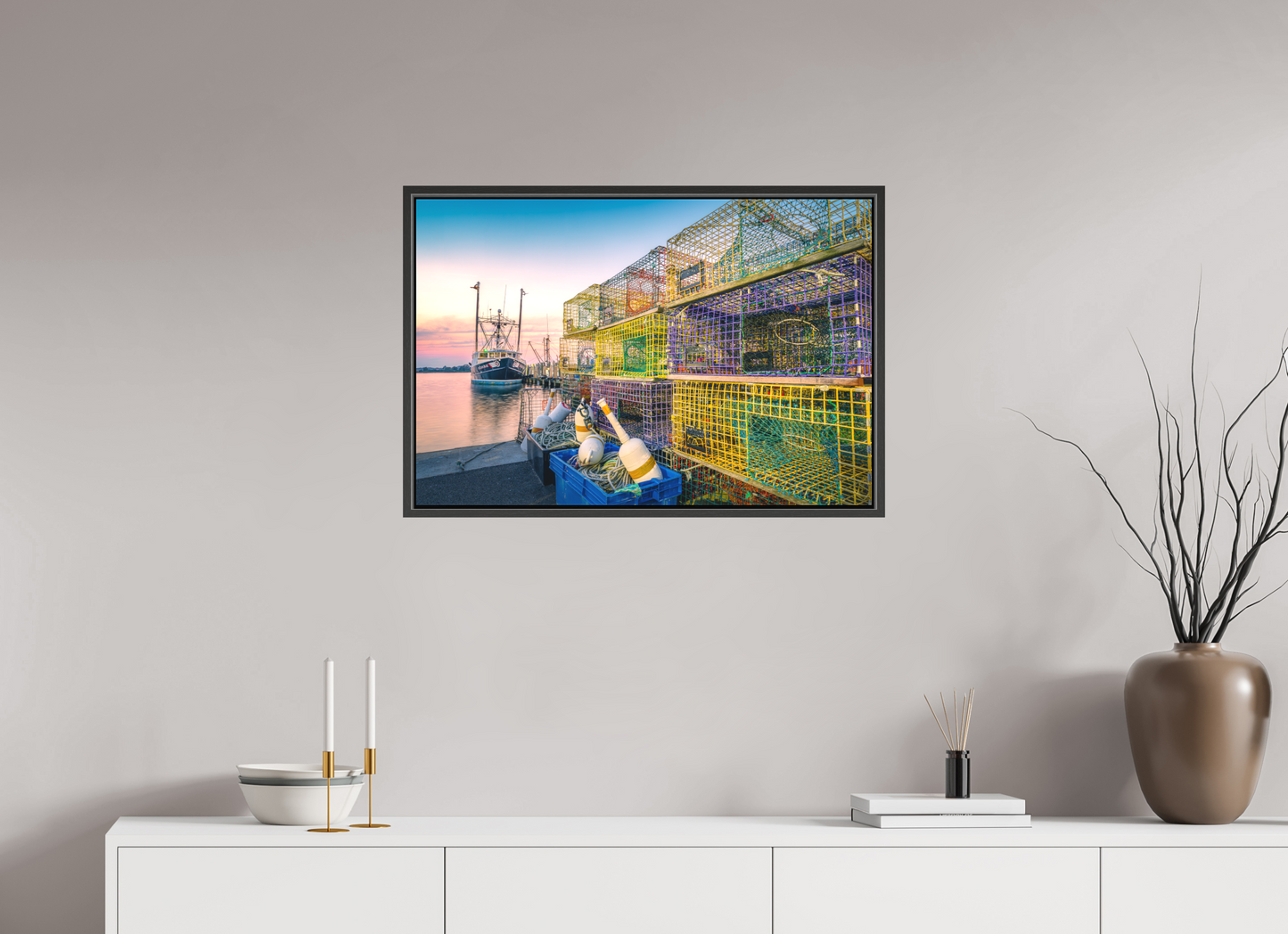 30 x 20″, Matte Canvas Print with Black Wood Floater Frame A Wall of Colorful Lobster Pots