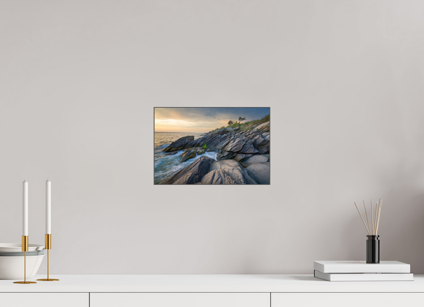 12 x 8″, Premium Photo Print under Acrylic Glass with Black Slimline Case Sunset Glow at Beavertail
