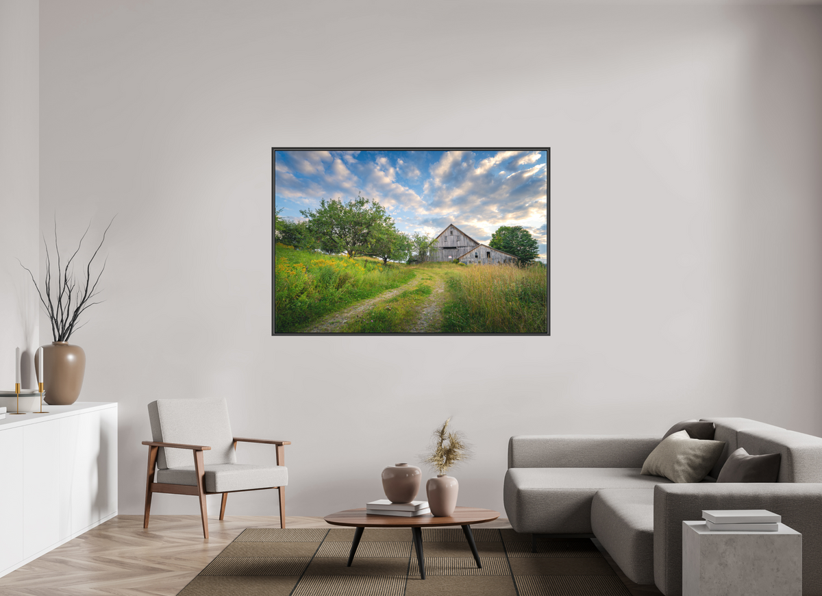 66 x 44″, Matte Canvas Print with Black Wood Floater Frame Countryside Barn