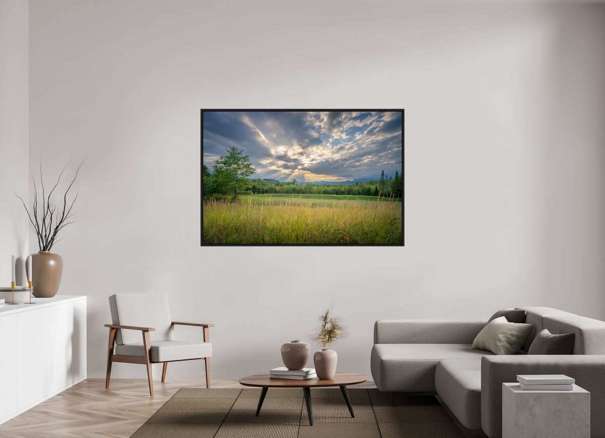 66 x 44″, Premium Photo Print under Acrylic Glass with Black Wood Floater Frame Mountain Sun Rays