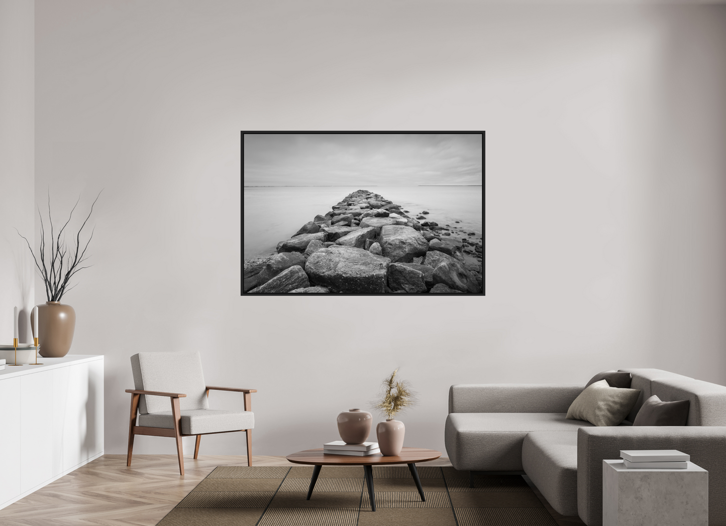 66 x 44″, ChromaLuxe HD Metal Print with Black Wood Floater Frame Sand Hill Cove Rocks