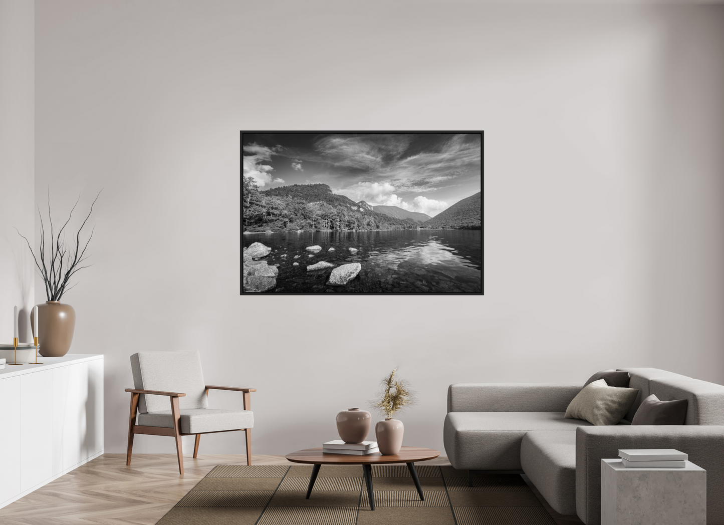 66 x 44″, ChromaLuxe HD Metal Print with Black Wood Floater Frame Overlooking Echo Lake