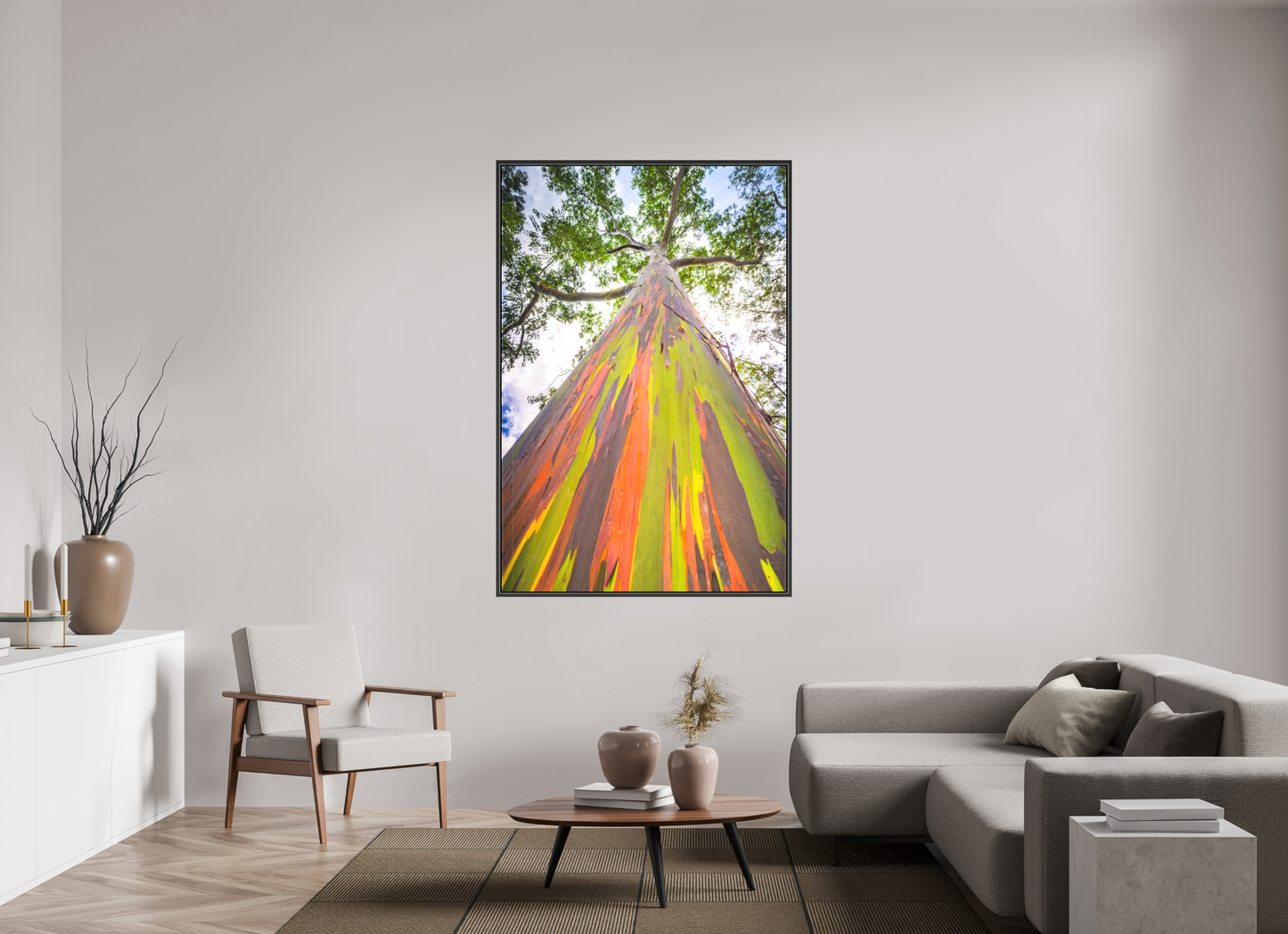44 x 66″, Matte Canvas Print with Black Wood Floater Frame Rainbow Eucalyptus Tree