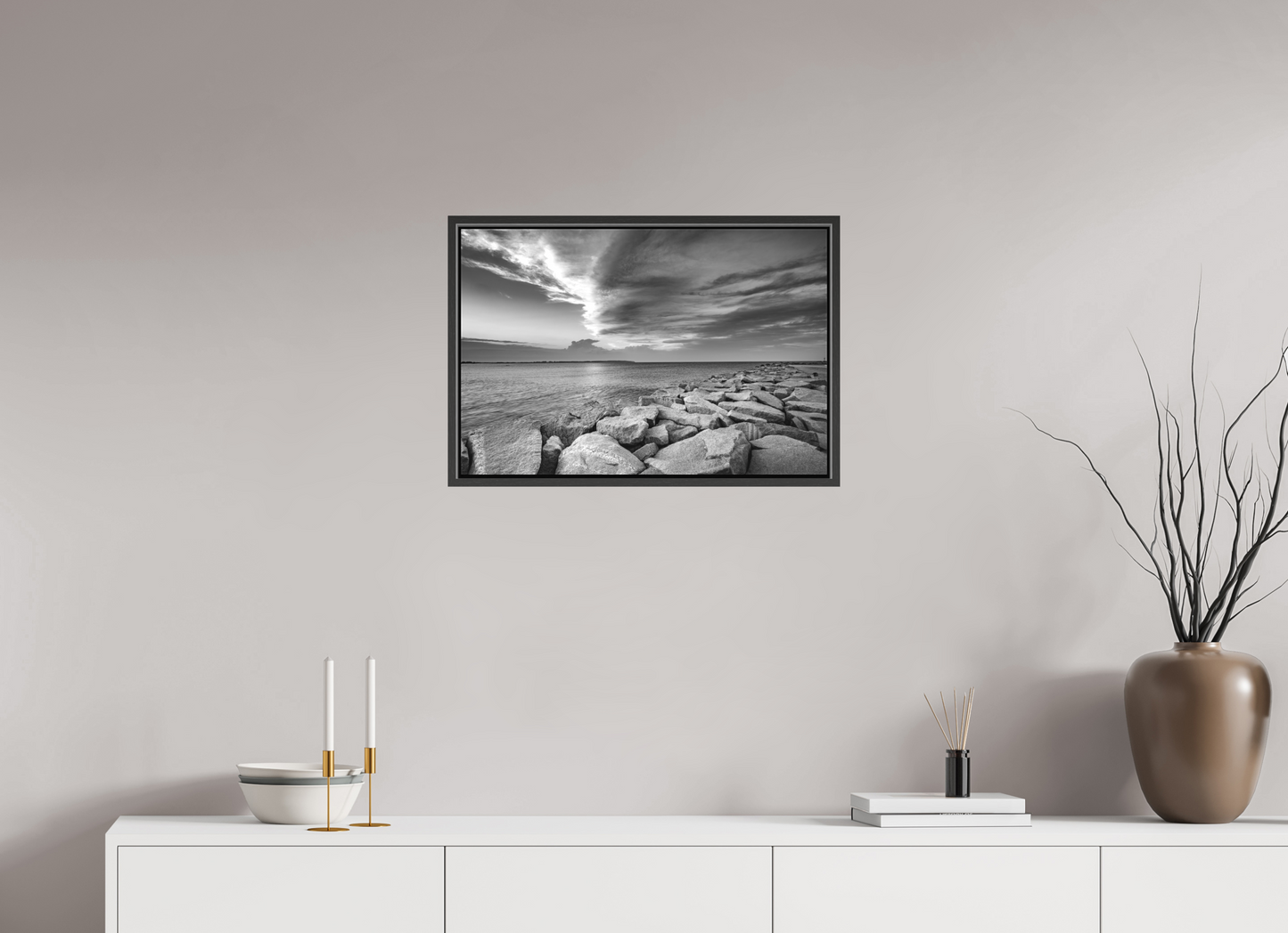 24 x 16″, Matte Canvas Print with Black Wood Floater Frame Overlooking Old Harbor