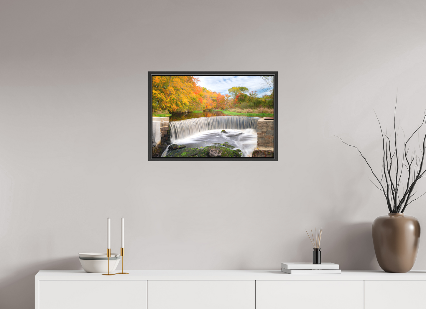 24 x 16″, Matte Canvas Print with Black Wood Floater Frame Autumn at Horseshoe Falls