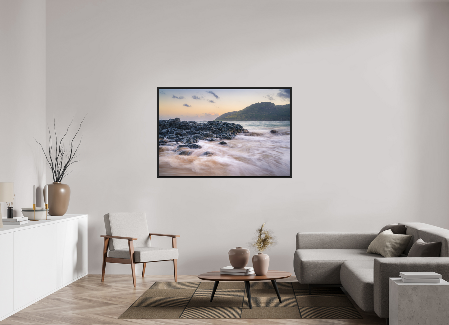 60 x 40″, ChromaLuxe HD Metal Print with Black Wood Floater Frame Lihue Sunset