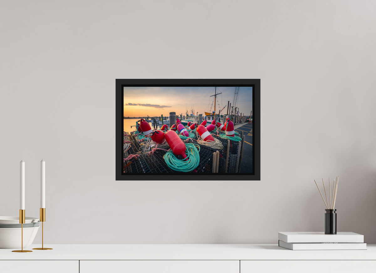 15 x 10″, Premium ChromaLuxe HD Aluminum Metal Print with Black Wood Floater Frame Buoys, Boats, and Lobster Pots