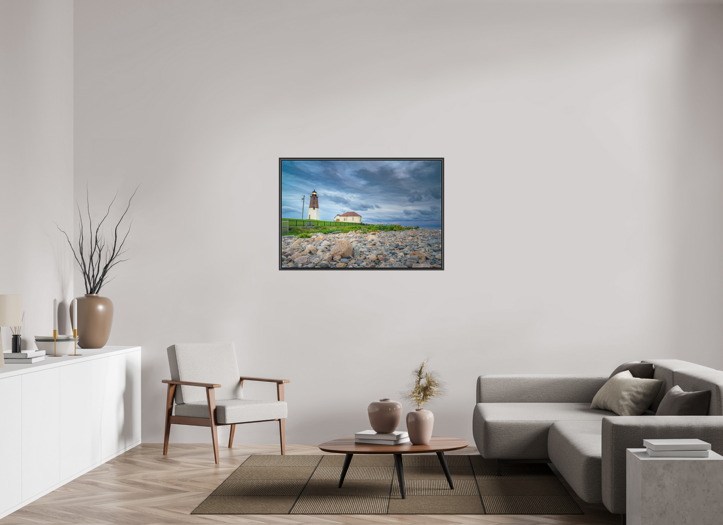 45 x 30″, Matte Canvas Print with Black Wood Floater Frame The Point Judith Lighthouse