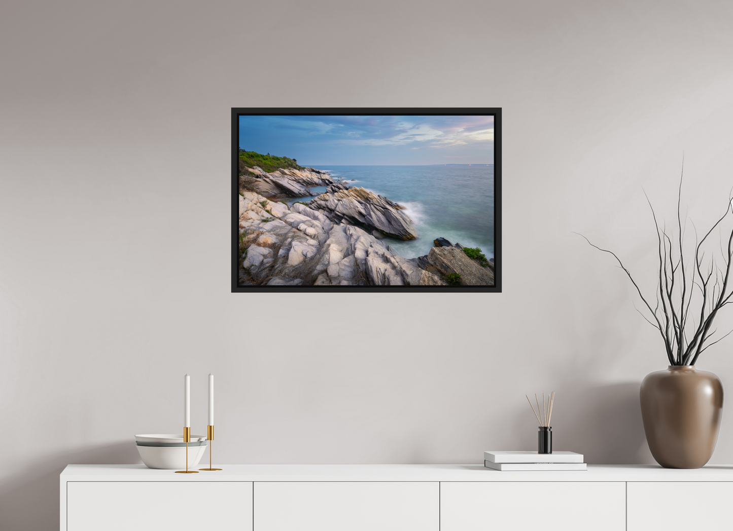 30 x 20″, Premium ChromaLuxe HD Aluminum Metal Print with Black Wood Floater Frame Blue Hour at Beavertail