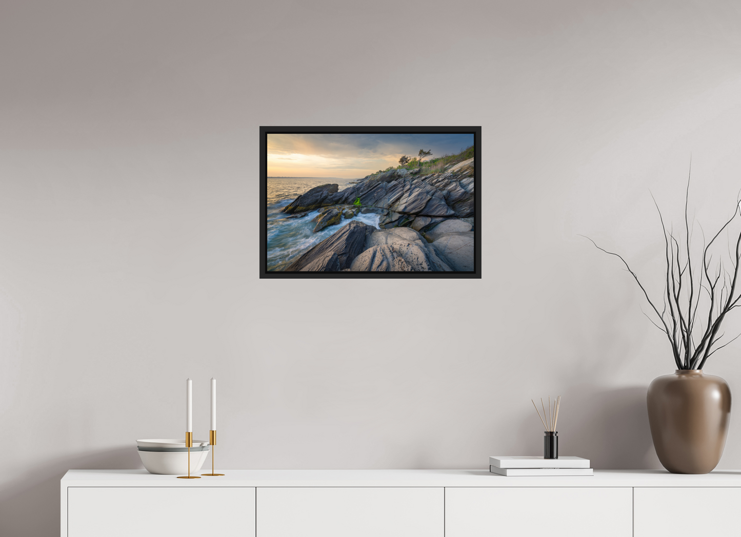 24 x 16″, Premium Photo Print under Acrylic Glass with Black Wood Floater Frame Sunset Glow at Beavertail