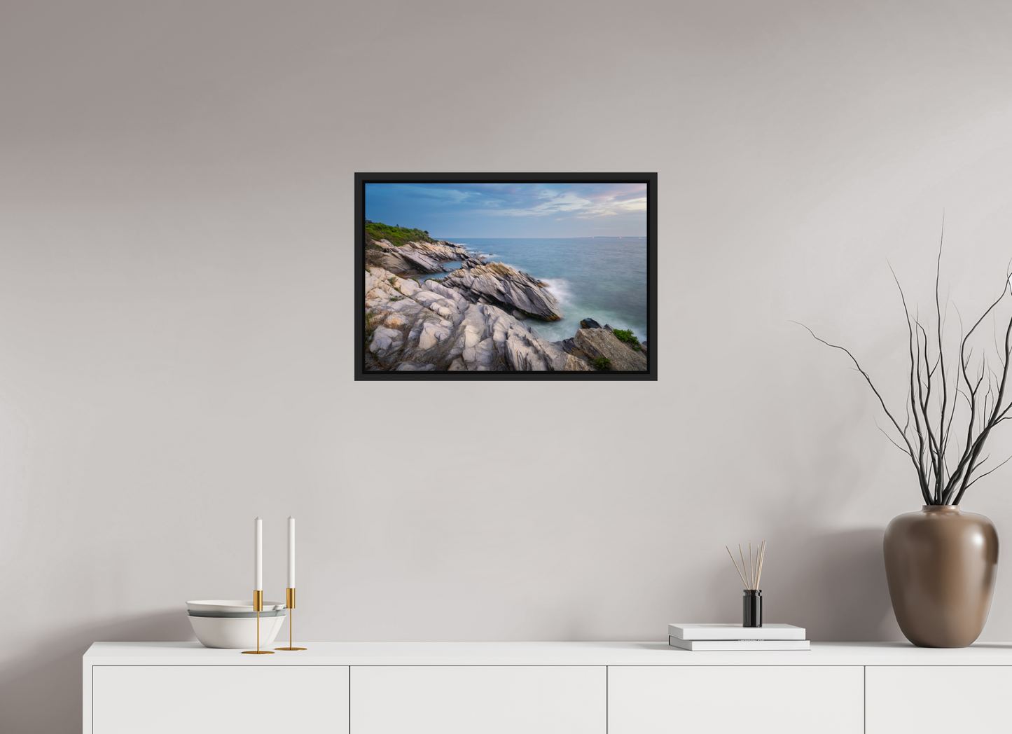 24 x 16″, Premium ChromaLuxe HD Aluminum Metal Print with Black Wood Floater Frame Blue Hour at Beavertail