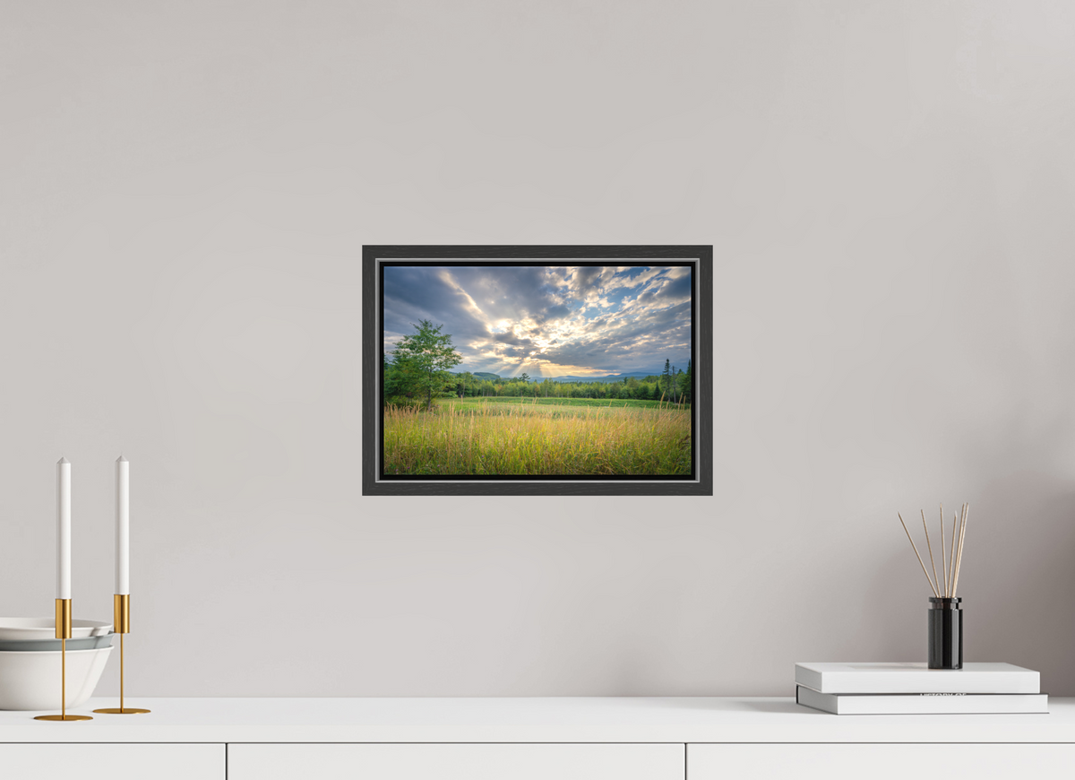 12 x 8″, Matte Canvas Print with Black Wood Floater Frame Mountain Sun Rays