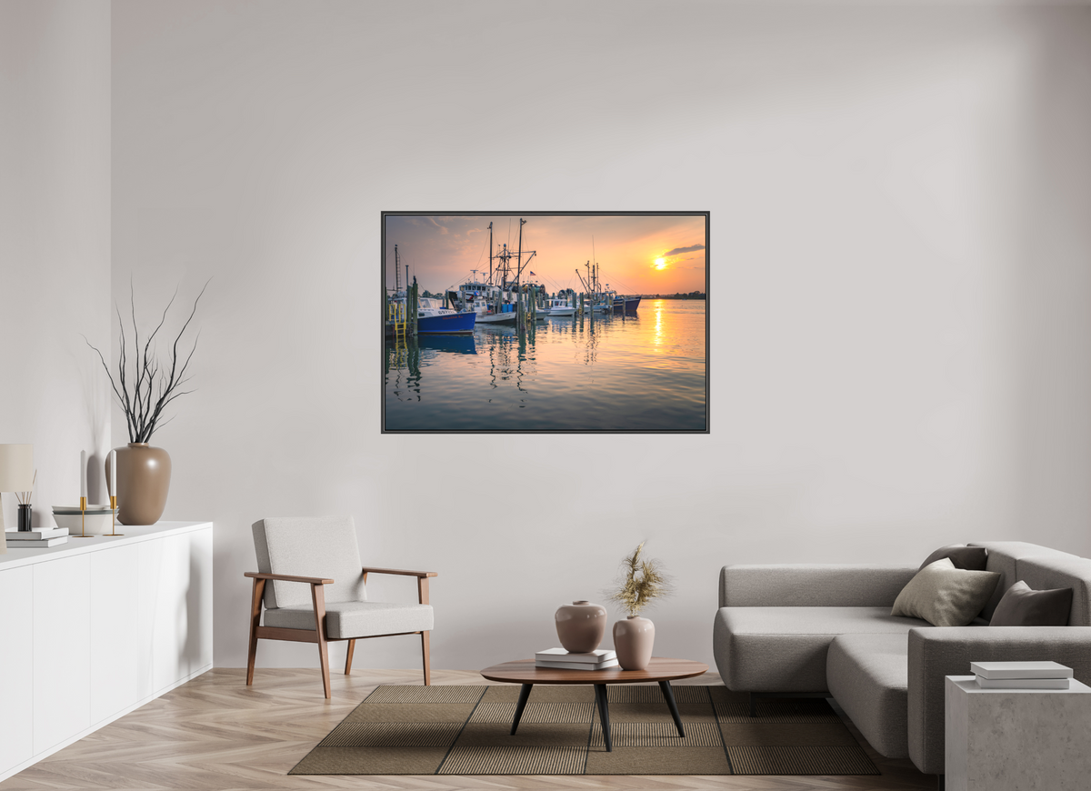 60 x 40″, Matte Canvas Print with Black Wood Floater Frame Boats at Sunset
