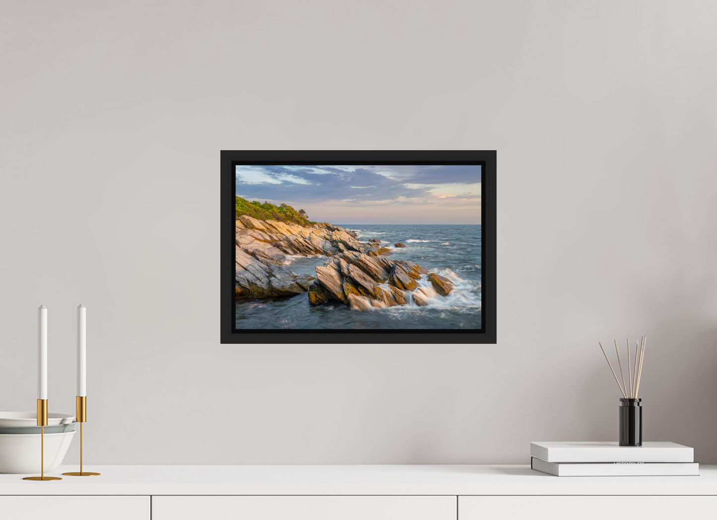 15 x 10″, Premium ChromaLuxe HD Aluminum Metal Print with Black Wood Floater Frame Beavertail Cliffs Approaching Sunset