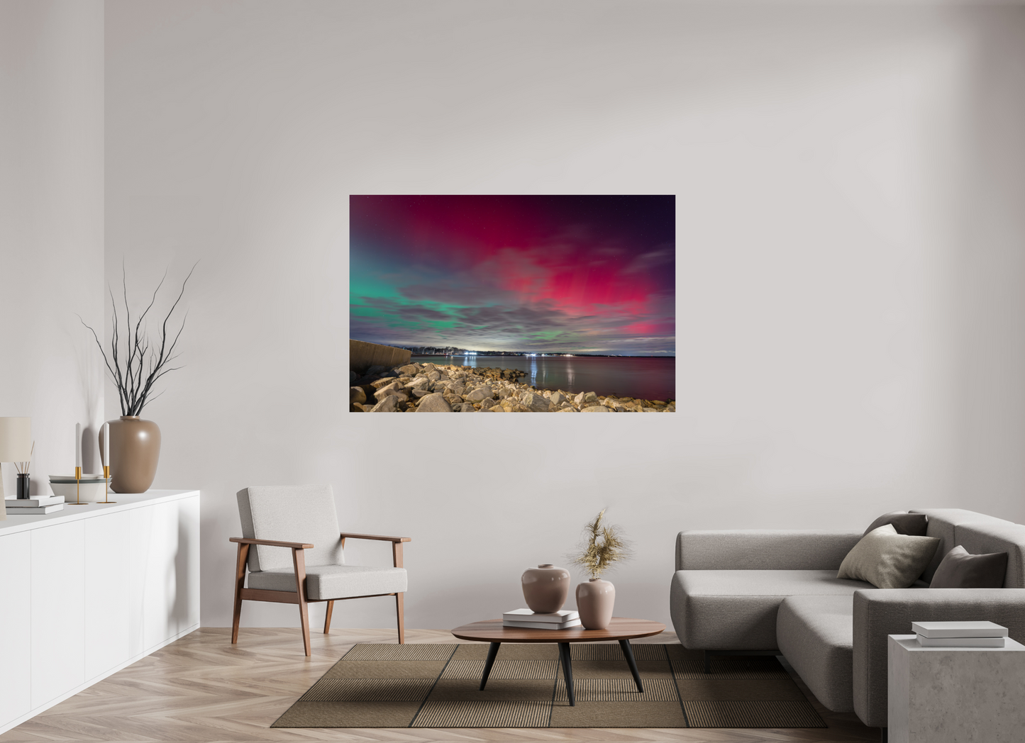 66 x 44″, Premium Metallic Effect Photo Print on Fuji Crystal Pearl Paper The Aurora Borealis over Narragansett Beach