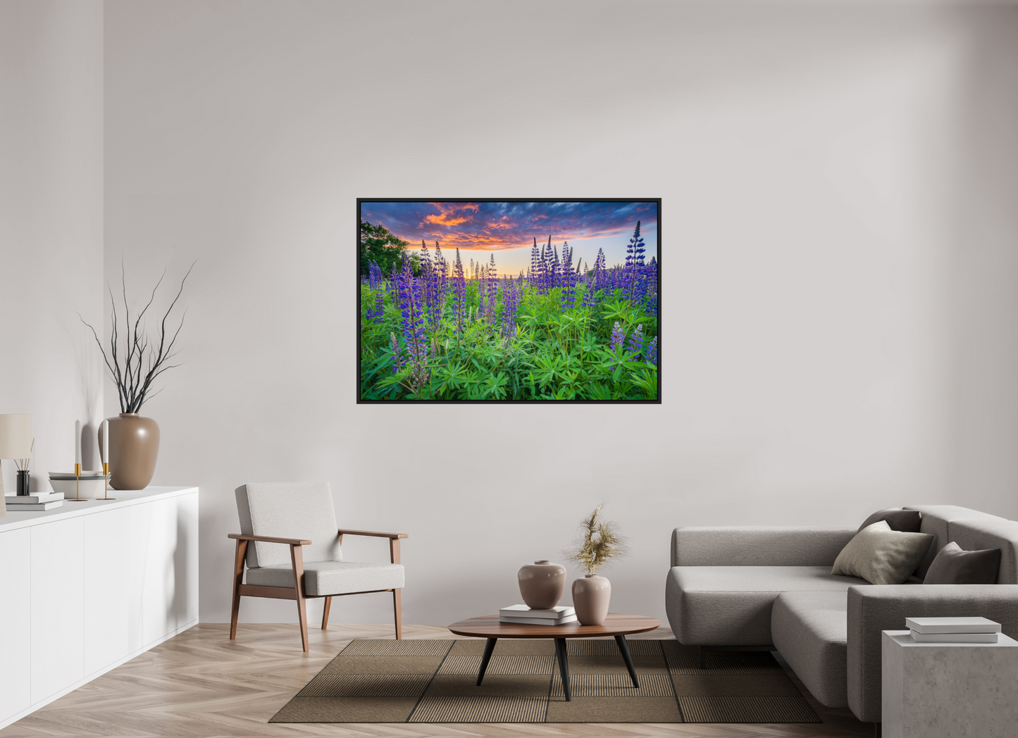 60 x 40″, Premium Photo Print under Acrylic Glass with Black Wood Floater Frame Lupine Sunset