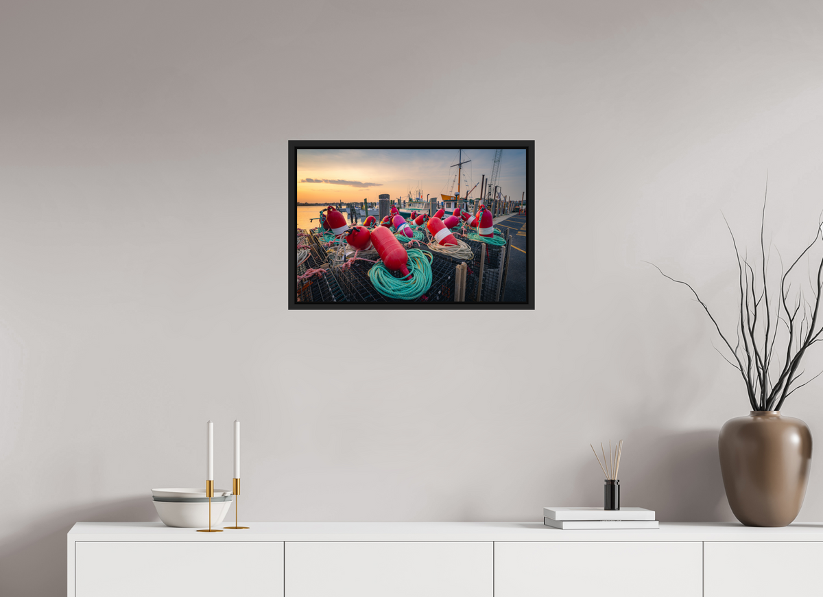 24 x 16″, Premium ChromaLuxe HD Aluminum Metal Print with Black Wood Floater Frame Buoys, Boats, and Lobster Pots