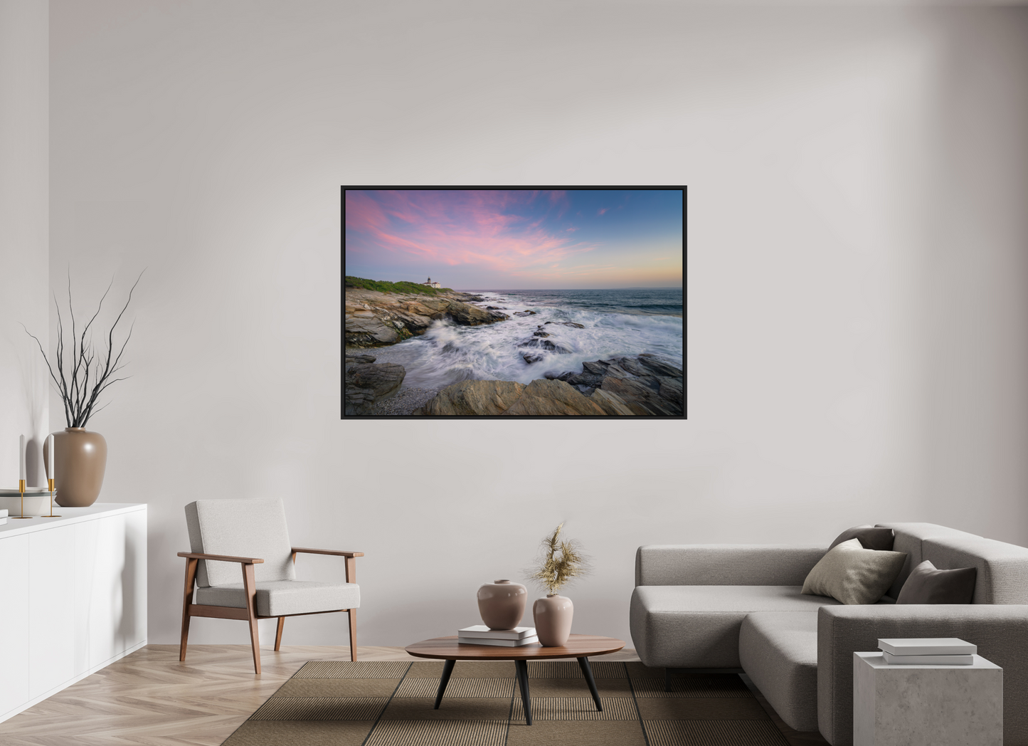 66 x 44″, Premium ChromaLuxe HD Aluminum Metal Print with Black Wood Floater Frame Rough Seas at Sunset