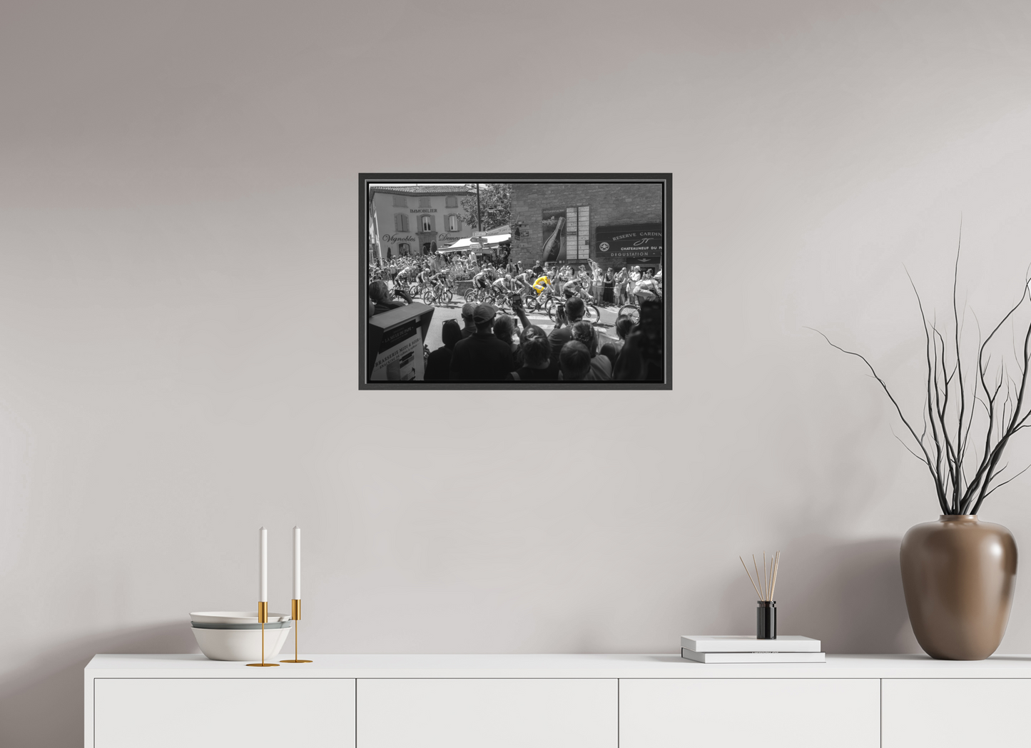 24 x 16″, Matte Canvas Print with Black Wood Floater Frame Tour de France Leader Tadej Pogacar in the Yellow Jersey
