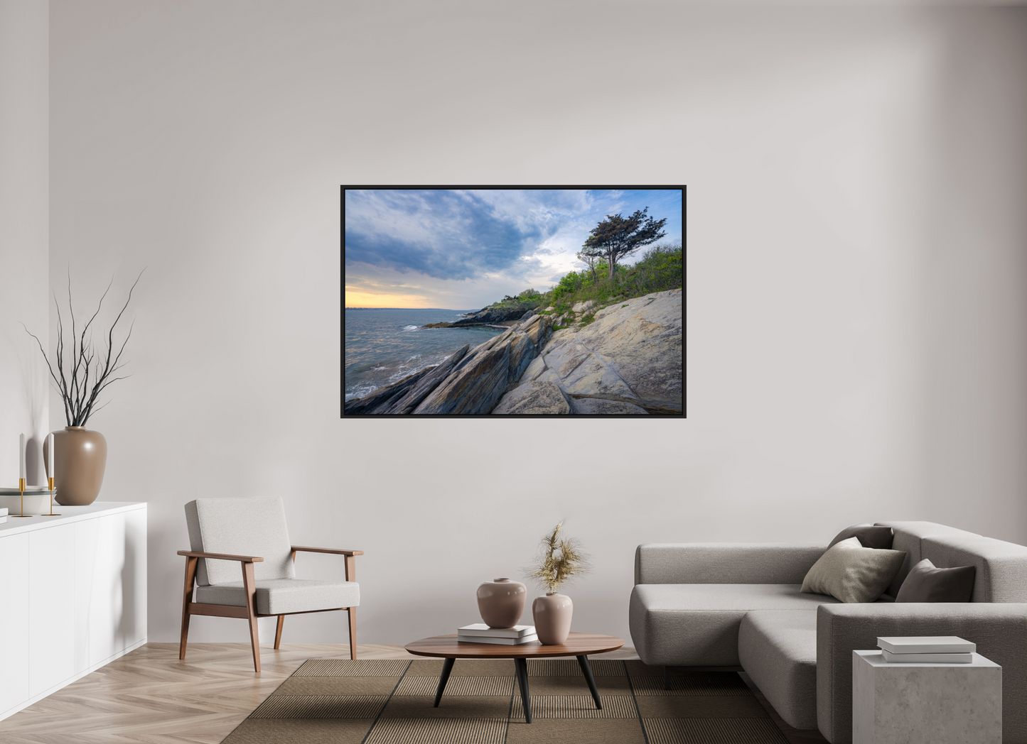 66 x 44″, Premium ChromaLuxe HD Aluminum Metal Print with Black Wood Floater Frame Rain in the Distance at Beavertail