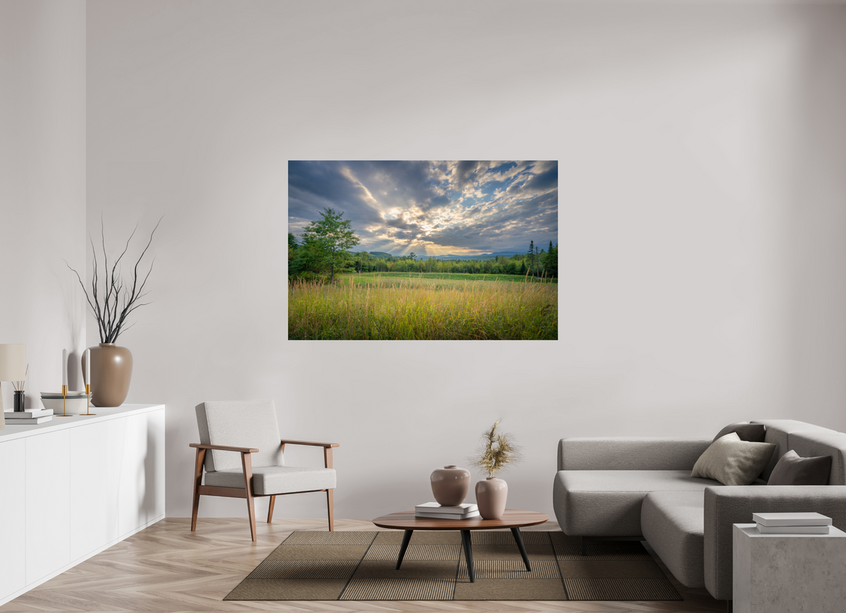 66 x 44″, Premium Photo Print under Acrylic Glass Mountain Sun Rays