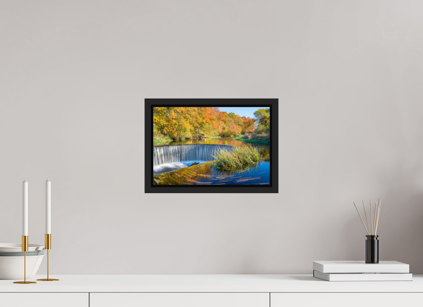 12 x 8″, Photo Print under Acrylic Glass with Black Wood Floater Frame Peak Fall Colors Over Horseshoe Falls