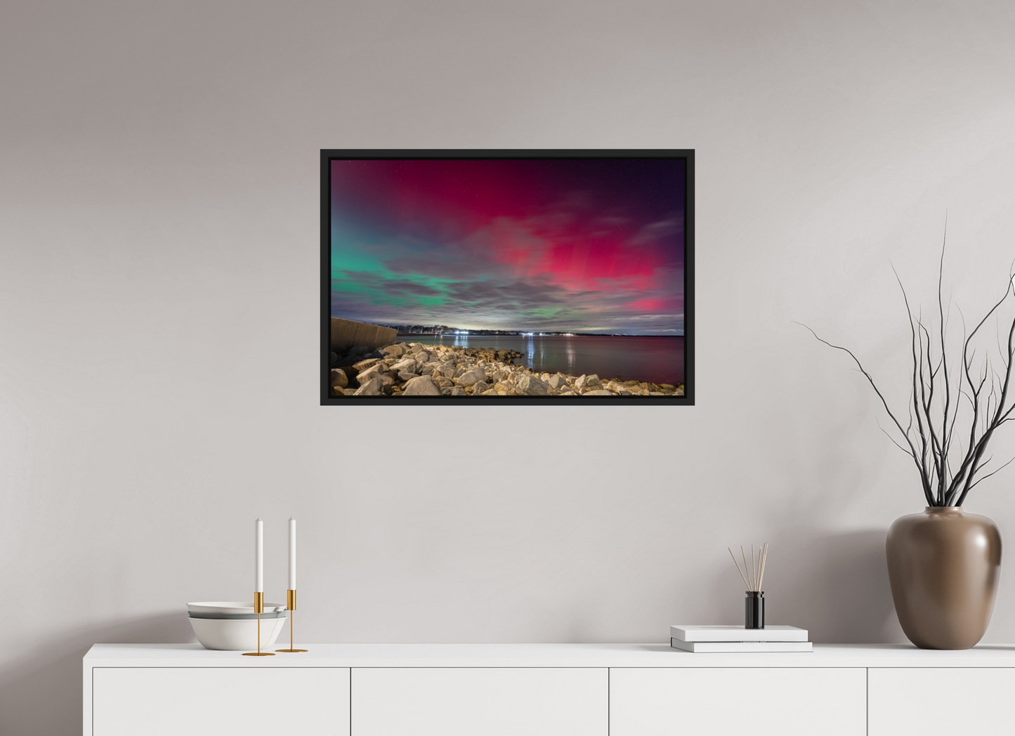 30 x 20″, Premium ChromaLuxe HD Aluminum Metal Print with Black Wood Floater Frame The Aurora Borealis over Narragansett Beach