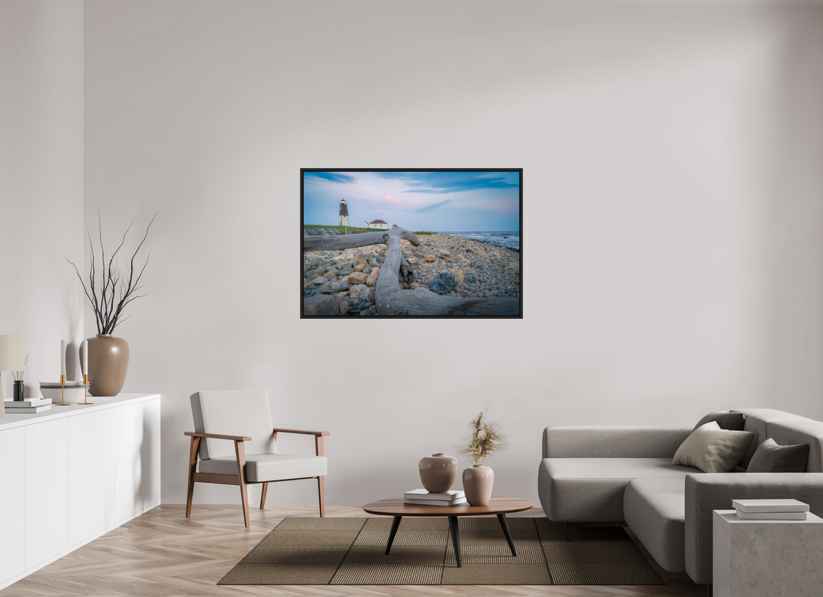 54 x 36″, Premium Photo Print under Acrylic Glass with Black Wood Floater Frame Driftwood at Pt. Judith Lighthouse