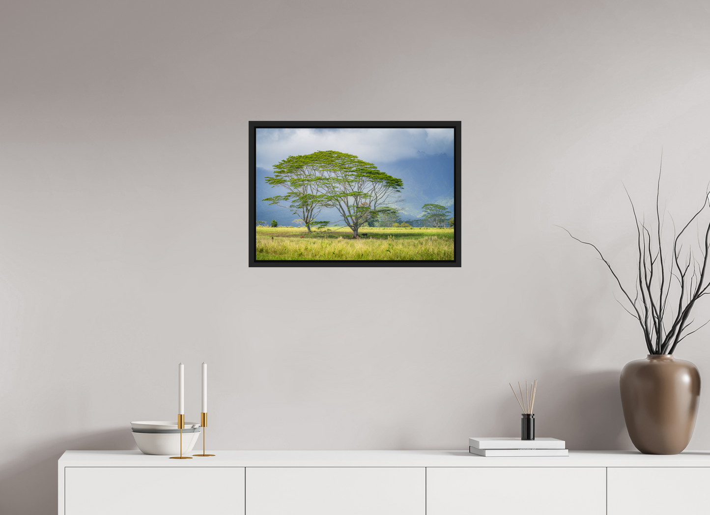 24 x 16″, Photo Print under Acrylic Glass with Black Wood Floater Frame Savanna Trees of Kauai